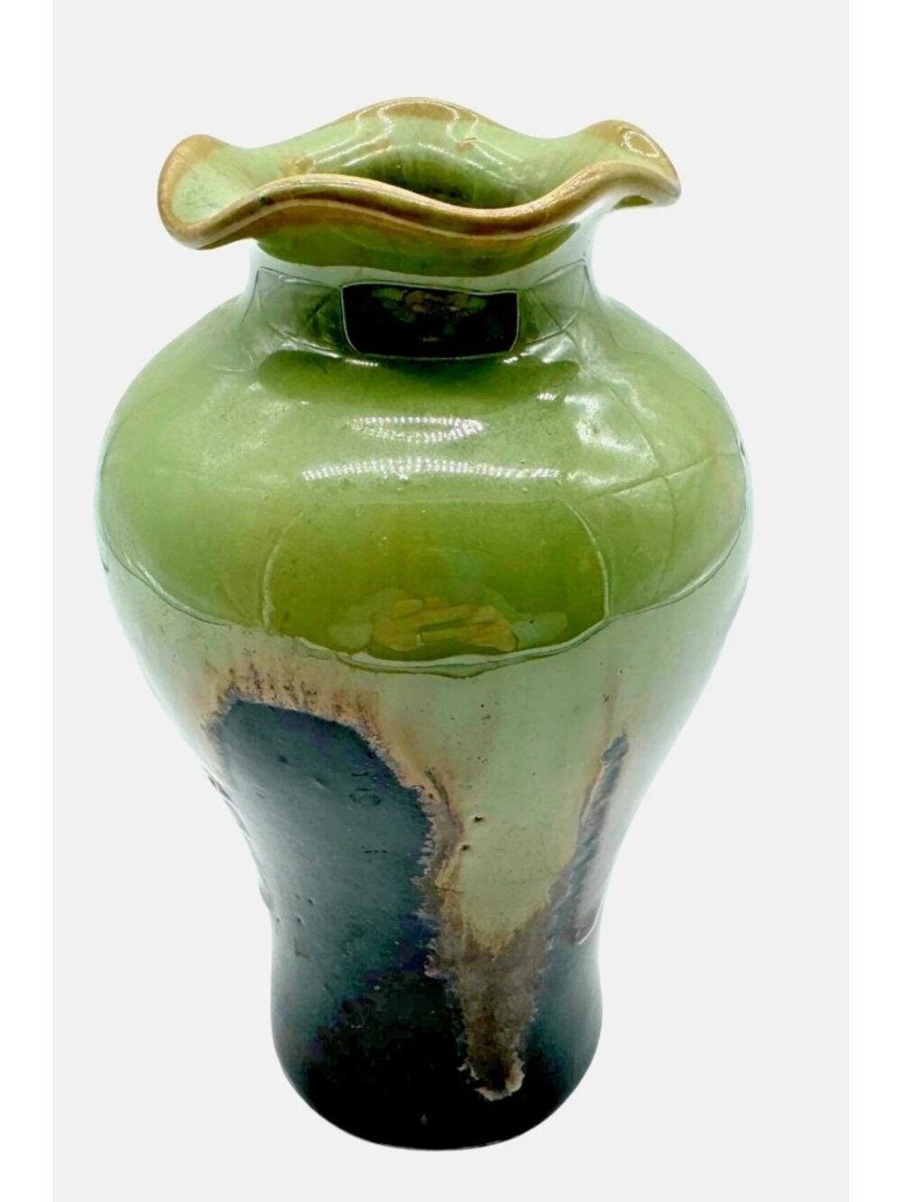 Green Drip Glaze Vase Urn Style Ceramic Studio Pottery 6.25"H X 3.5" W